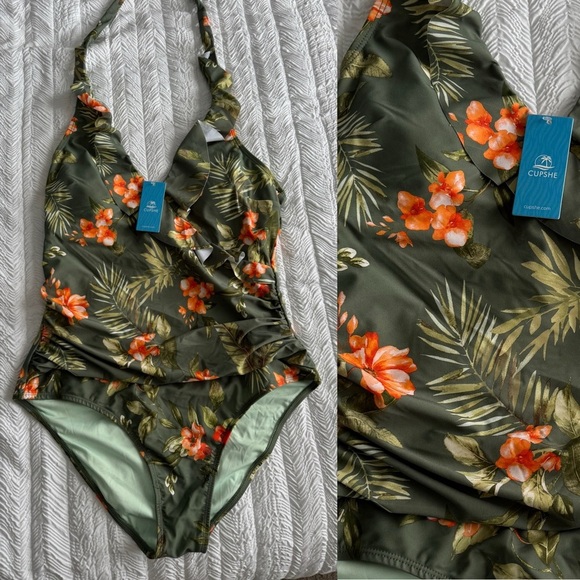 Women's CUPSHE Tropical Flutter Halter Tummy Control One-Piece Swimsuit (new) - Picture 4 of 8